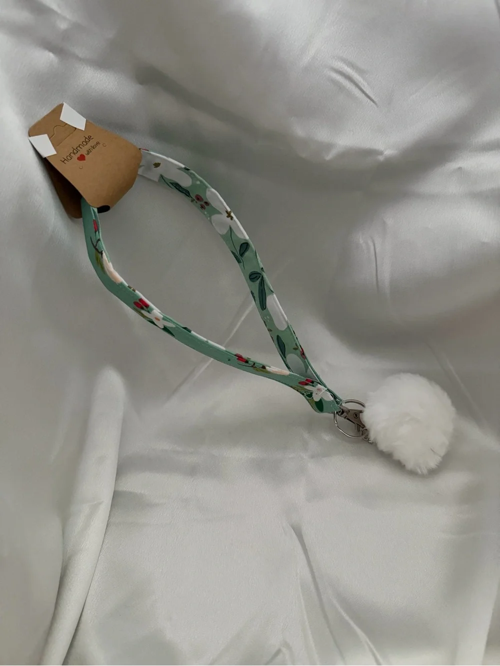Handmade Green and White Floral Wristlet Keychain with White Pompom